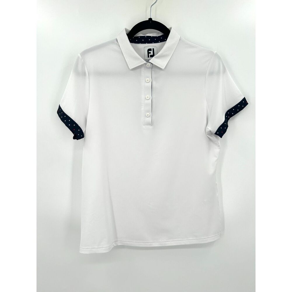 FOOTJOY Women's Performance Golf Polo White Navy Star Print Short Sleeve Medium